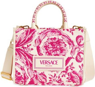 Versace Small Barocco Raffia Tote in Eggshell Dragon Fruit at Nordstrom
