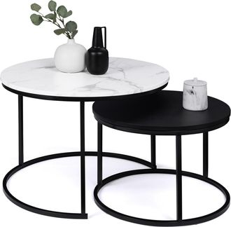 IDMarket Idmarket - Set Di 2 Tavolini Rotondi Alaska 54/70, Effetto Marmo E Nero, Gambe In Metallo