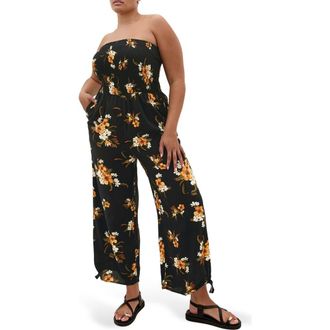 City Chic Aruba Floral Strapless Jumpsuit in Black Print at Nordstrom, Size Xxxs