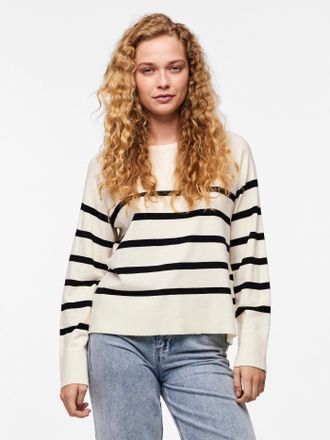 Pieces Rundhalspullover PIECES PCSIA LS KNIT NOOS BC, Damen, Gr. XS, weiss (wei&szlig; stripes:schwarz), Strick, Obermaterial: 52% Viskose, 28% Polyester, 20% Poly