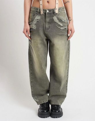 The Ragged Priest Womens Crescent Distressed Mid Rise Jeans - Grey - Size: 14