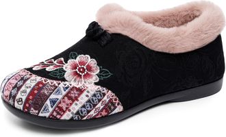 Generic Womens Ethnic Embroidered Plush Slippers Wide Fit Slippers Boho Floral Button Design Winter Warm Fleece Lined Slip on Shoes Warm Lined Closed Toe Hous