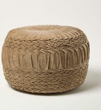 Homescapes Sofia Pleated Velvet Taupe Pouffe - Homescapes