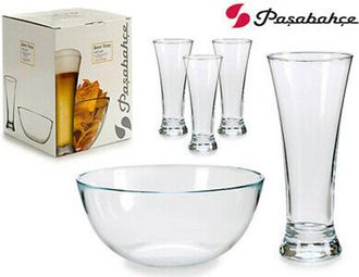 Trade Shop Trade Shop - Servizio Set 5 Pezzi Ciotola Vetro 22 Cm + 4 Bicchieri Birra Pub Aperitivo Bar