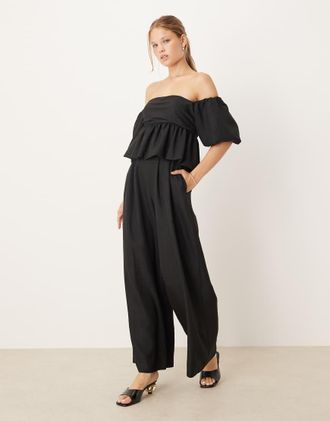 Asos Tuta jumpsuit verde salvia con maniche oversize a sbuffo e scollo alla Bardot-Multicolore