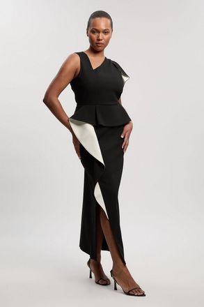 Karen Millen Womens Plus Size Compact Stretch Ruffle Peplum Belted Pencil Midi Dress - Monochrome Multi - Size 20 UK