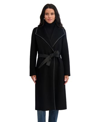 Elie Tahari Womens Double Faced Faux Leather Trimmed Long Wool-Blend Coat