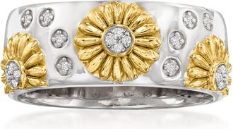 Ross-Simons Diamond-Accented Sunflower Ring in 2-Tone Sterling Silver