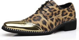 Generic Mens Shiny Leopard Print Dress Shoes | Metallic Oxford Shoes for Party, Prom, Stage, Wedding and Club Outfits,Gold,7.5 UK