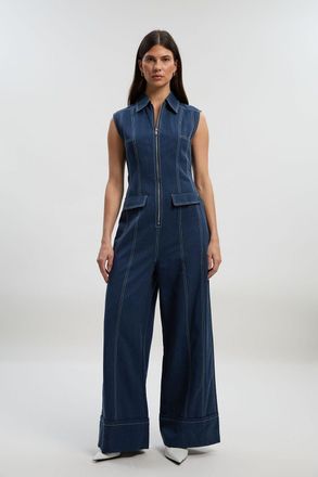 Karen Millen Womens Tencel Cotton Contrast Stitch Zip Front Woven Jumpsuit - Navy - Size 10 UK