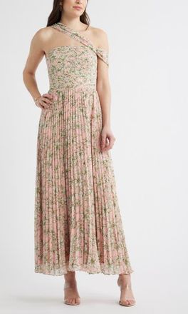 Chelsea28 Pleated One-Shoulder Maxi Dress in Pink Green Emma Floral at Nordstrom, Size Xx-Small