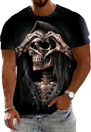 Generic Mens Spooky Skull Graphic T-Shirt Dark Retro Skeleton Head Print Crew Neck Shirt Casual Fall Pullover Tee for Holiday