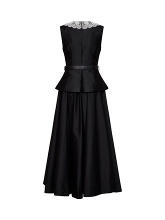Self Portrait Peplum Taffeta with Macram&eacute; Collar Midi Dress - Black