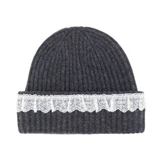 Ganni Berretto in Lana Compatta con Pizzo - - Accessories - Donna - Grigio - ONE SIZE