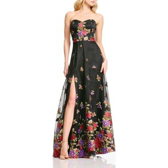 Dress The Population Imogen Floral Strapless Gown in Black Multi at Nordstrom, Size Xx-Small