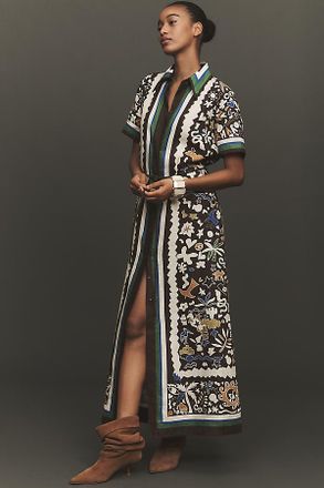 Alemais Maroc Linen Short-Sleeve Maxi Shirt Dress