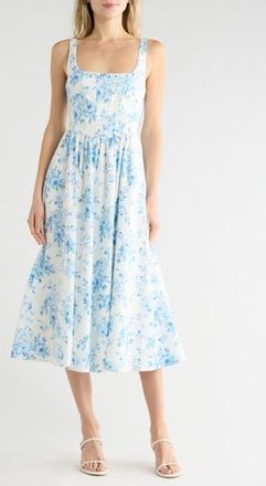 Wayf Floral Corset Sleeveless Midi Dress in Blue Toile Roses at Nordstrom Rack, Size X-Small