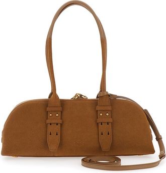Pinko Womens Shoulder Bag Bowling Horizontal Brown Suede Leather