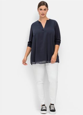 Sheego Longbluse SHEEGO, Damen, Gr. 40, blau (nachtblau), 100% Polyester, unifarben, V-Ausschnitt, Blusen Longbluse