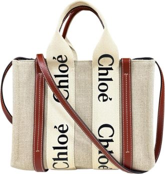 Chlo&eacute; Beige Brown Linen Leather Shoulder Bag Tote Bag (Pre-Owned)