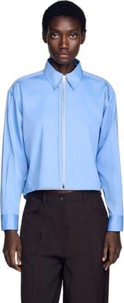 Sandro Cropped logo zip cotton shirt in Blue at Nordstrom, Size X-Large