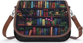 Generic Books And Plants Crossbody Bags for Women Fashion Leather Shoulder Handbags With Adjustable Strap