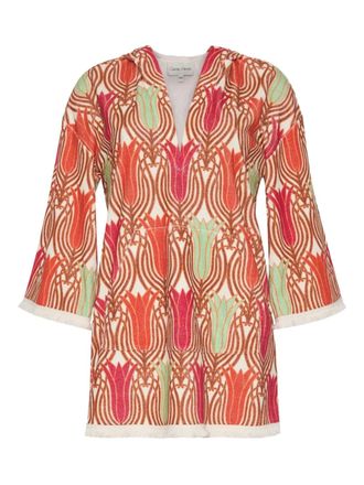 Cara Cara tulip-print hooded mini beach dress - women - Cotton - XS/S - Orange