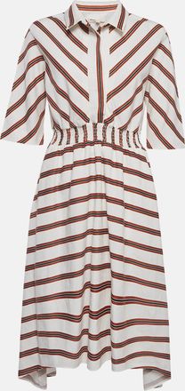 Maje White/red Striped Gabardine Asymmetric Midi Dress