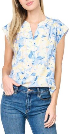 Gibsonlook Split Neck Cap Sleeve High-Low Top in Yellow/Navy Floral at Nordstrom, Size Xx-Large