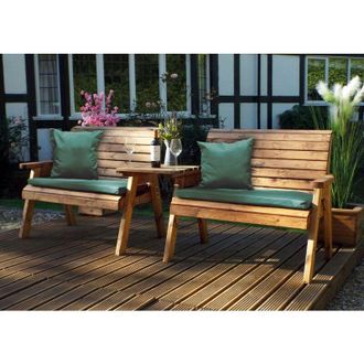 Charles Taylor Trading Charles Taylor - Wooden Twin Garden 2 Seater Bench Set Straight & Green Cushion