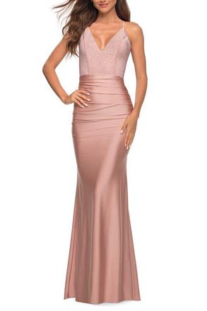 La Femme Jersey Dress with Rhinestone Beaded Top and V Neck in Mauve at Nordstrom, Size 00