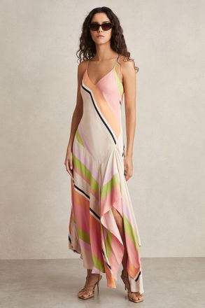 Reiss Womens Pink & Green Striped Handkerchief Maxi Dress, Size: 12
