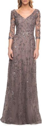 La Femme Beaded Lace Gown with V Neckline and Sheer Sleeves in Gunmetal at Nordstrom, Size 12