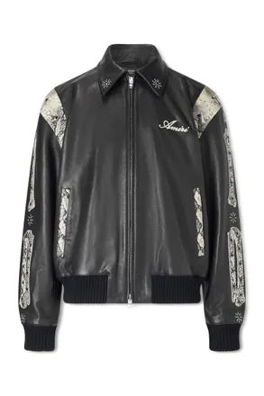 Amiri Bones Snake-Effect Panelled Studded Logo-Embroidered Leather Jacket