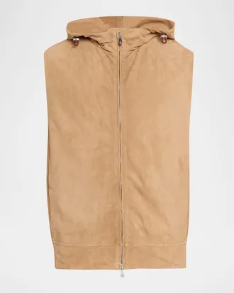 Brunello Cucinelli Men & apos;s Hooded Full-Zip Leather Vest