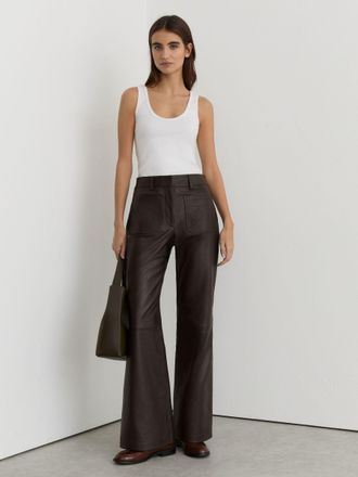 Reiss Chocolate Brown Petite Leather Patch-pocket Flared Trousers, 10