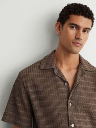 Reiss Taupe Brown Chevron-crochet Cuban-collar Shirt, Xxl