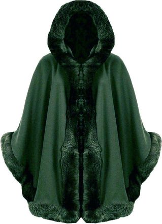 Generic Ladies Womens Italian Lagenlook Quirky Layering Hooded Faux Fur Trim Wool Lana Cape Poncho Coat Jacket One Size Plus UK 10-18 (Khaki)