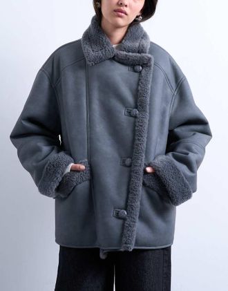 Topshop Cappotto super oversize in montone grigio