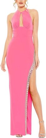 Mac Duggal Halter Neck Beaded Slit Detail Gown