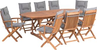 Beliani Conjunto De Comedor De Jard&iacute;n De Madera De Acacia Clara Con Cojines Grises Mesa Extensible Para 8 Personas Sillas R&uacute;sticas Maui