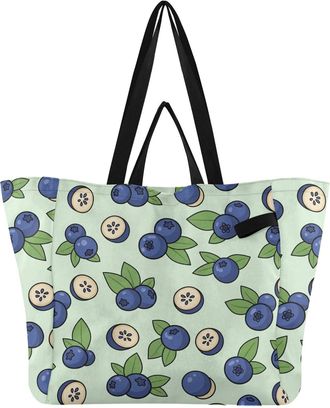 Generic Fruits Blueberries Leaves Green print Reusable Canvas Tote Bag, Heavy Duty Grocery Shopping Bag with Double Handles Large Capacity Hard Bottom Work Gr