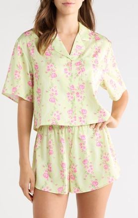 Open Edit Boxy Stretch Satin Short Pajamas in Green T- Pink Floral Lace at Nordstrom, Size X-Large