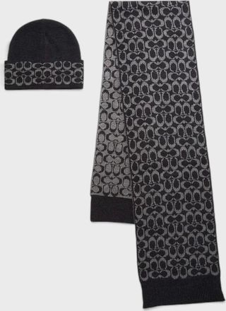 Coach Mens Coach Signature C Cuff Beanie and Scarf Gift Set - Black