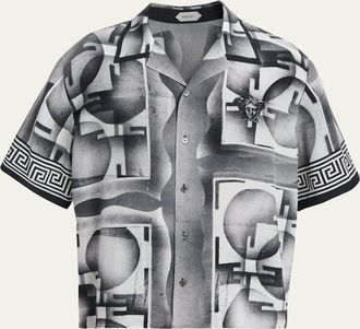 Versace Mens Silk Abstract La Greca-Trim Camp Shirt