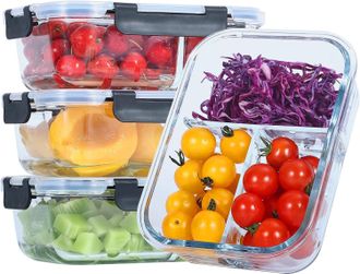 OEM Juego De 3 Recipientes De Vidrio Para Preparar Comidas, 1040 Ml, 3 Compartimentos + Separador, Herm&eacute;ticos, Aptos Para Horno Y Congelador