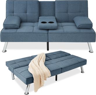 Best Choice Products Modern Linen Convertible Futon Sofa Bed w/ Removable Armrests, Metal Legs, Cupholders