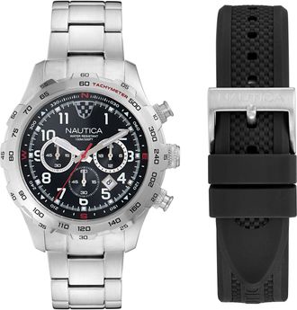 Nautica Nst Chronograph Recycled Stainless Steel And Silicone Watch Set