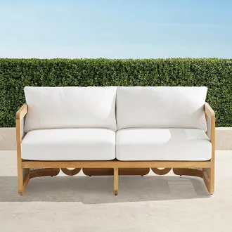 Frontgate Sorano Loveseat with Cushions in Natural Teak - Standard, Boucle Snow - Frontgate