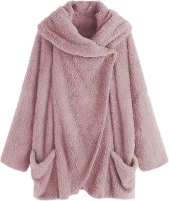 Generic Women Fluffy Teddy Coat Shawl Collar Cardigan Top Autumn Pullover with Button Ladies Teen Girls Winter Warm Lounge Wear Thick Plush Sweatshirts with P
